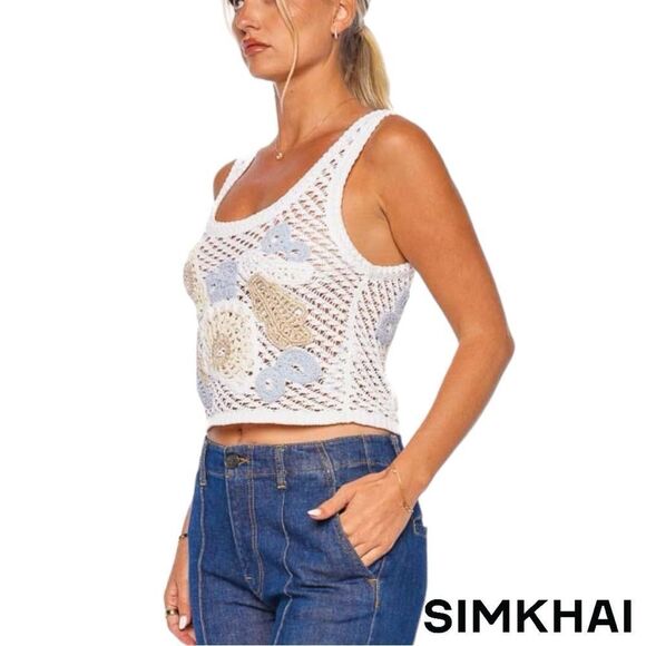 SIMKHAI **NWT** Vail Floral Crochet-Knit Tank Top in Blue Haze - Picture 6 of 13